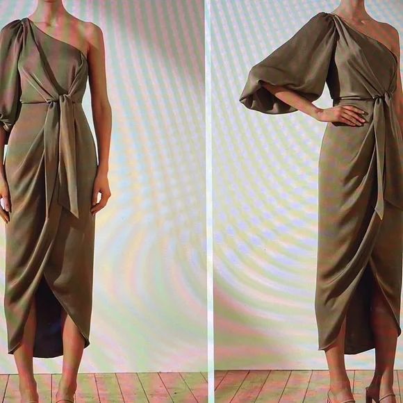 New Shona Joy Luxe Tie Front One Shoulder Dress Pine US 6